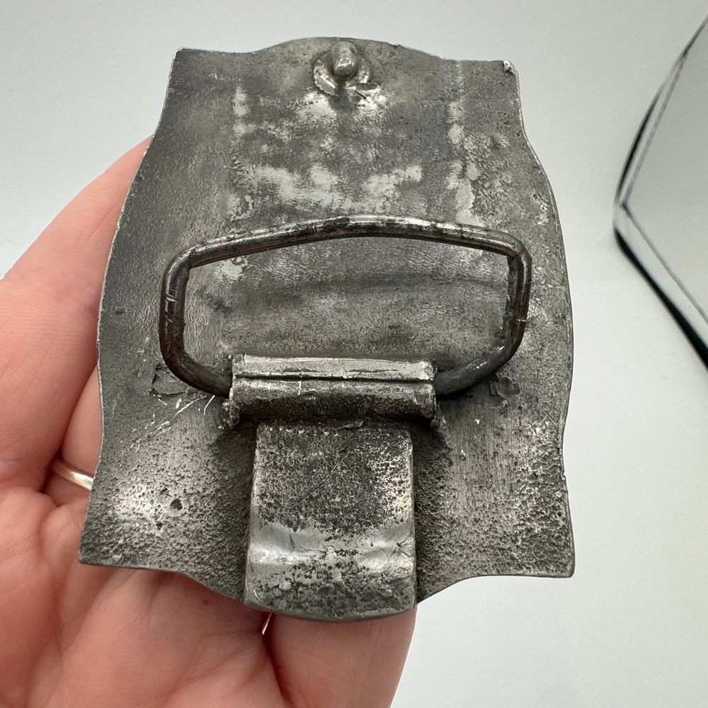 Vintage Steam Locomotive Train Belt Buckle Pewter Tone Railroad Mountain Scene